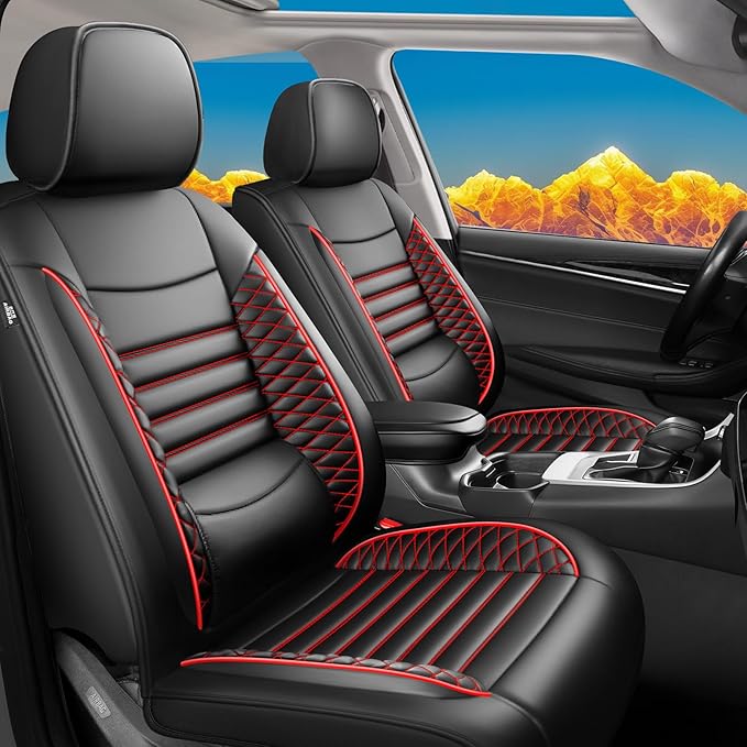 Fit Sonata Car Seat Covers for Hyundai Sonata 2004-2024 2025 2026- Upgraded Premium Waterproof & Breathable Leather, Airbag Compatible, All-Weather Seat Cushion Protector (2 Front/Black+Red)