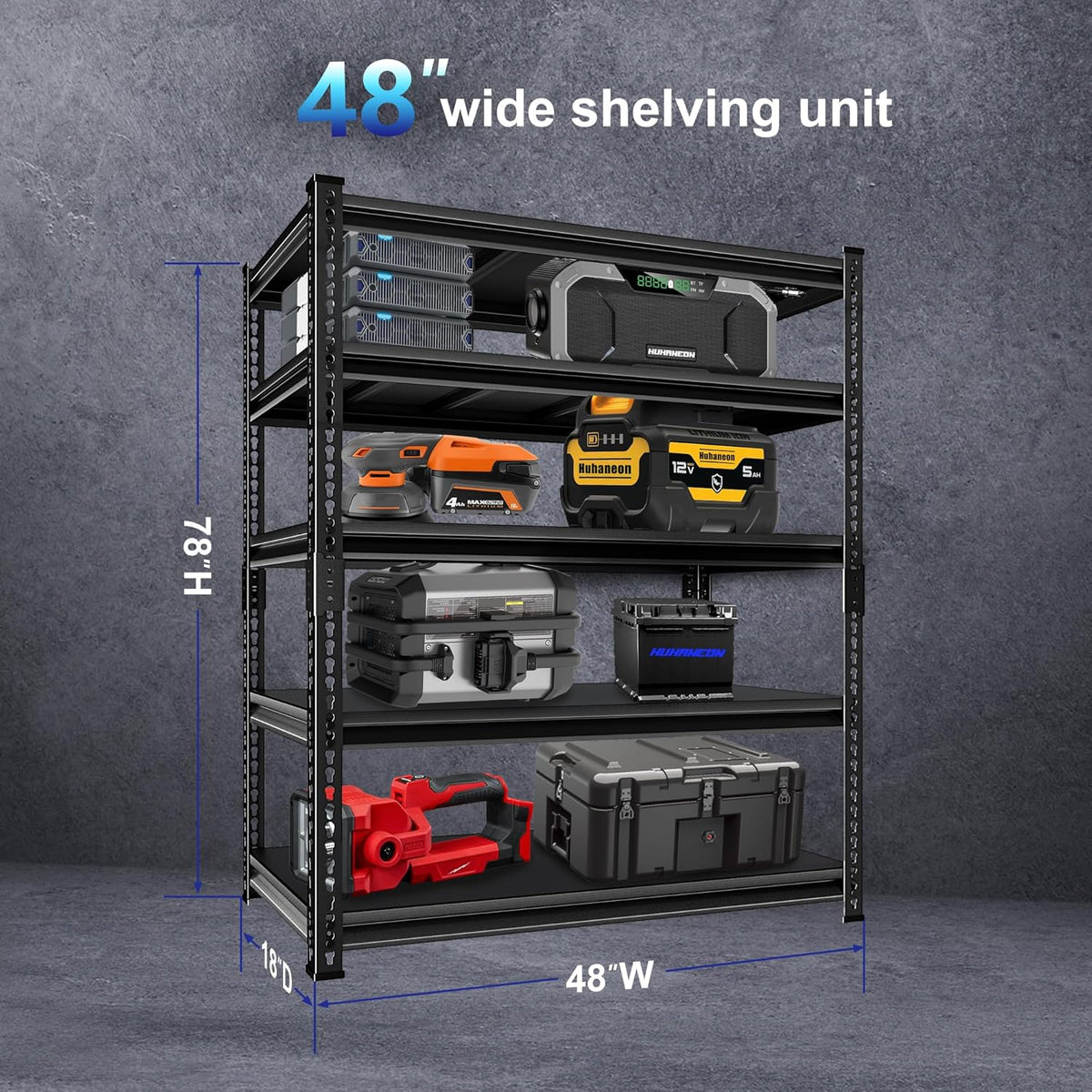 Adjustable Garage Storage Shelves, 48''W Garage Shelving Heavy Duty Loads 2500LBS, Metal Industrial Utility Shelf for Warehouse, Kitchen, Laundry Room,48" W x 18" D x 78" H,Black