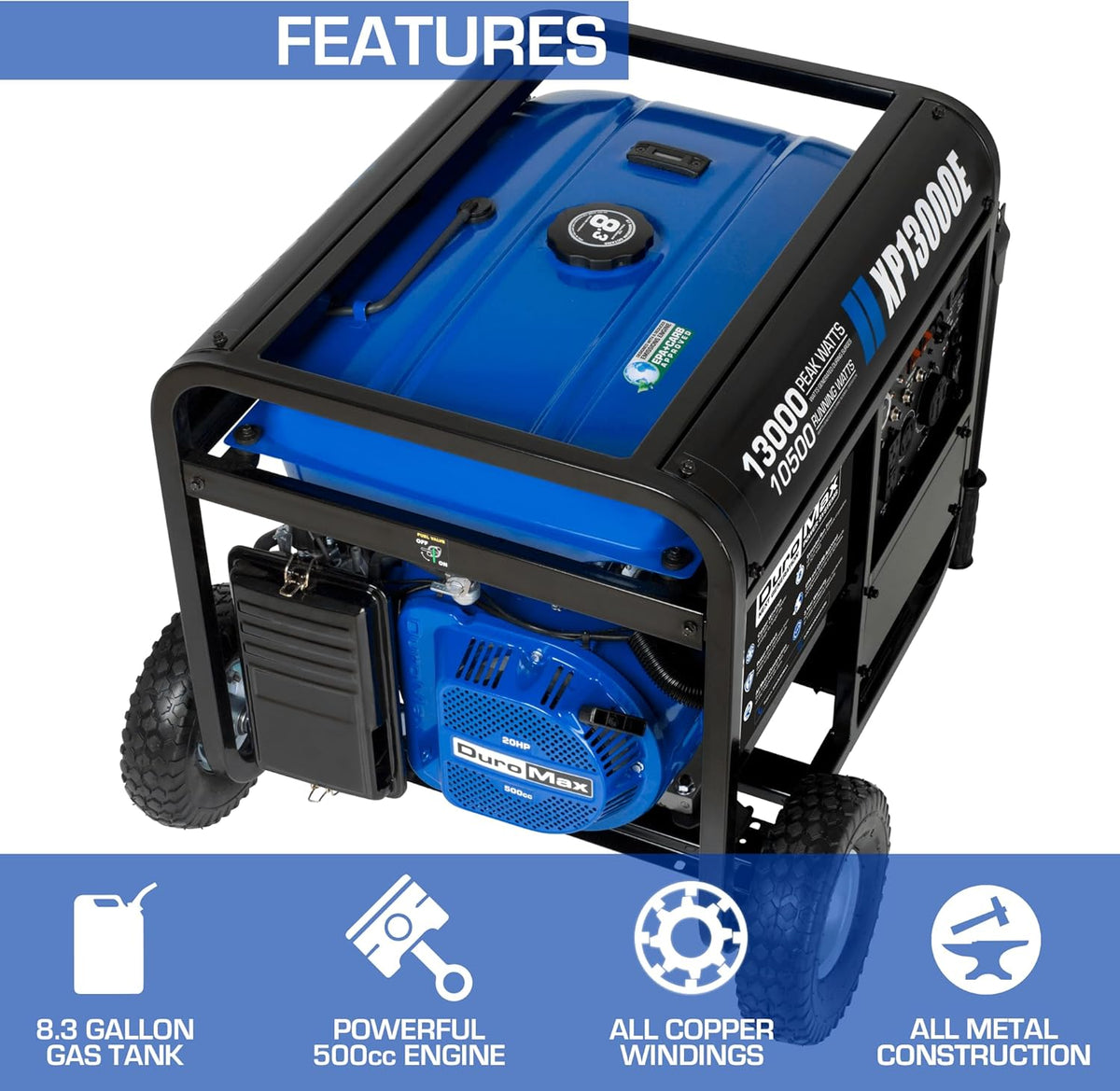 DuroMax XP13000E 13,000-Watt Gas Powered Portable Generator - Electric Start, Whole Home Backup Power, Transfer Switch Ready, RV & Emergency Ready