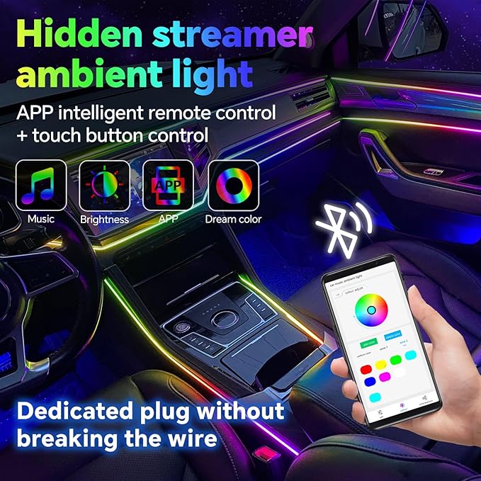 Dream Color Acrylic Interior Car Ambient Light Kit, Bphuny 18 in 1 593 LEDs Fiber Optic Multiple Modes Decoration Atmosphere Lights with Music Dynamic Rainbow Rhythm, RGB Neon Lights for All Cars