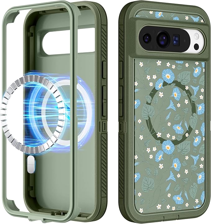 for Google Pixel 9 Pro XL Case - Compatible with MagSafe Women Cute Girls Magnetic Protective Cover Blue Flowers Floral Unique Design Heavy Duty Shockproof Phone Case for Pixel 9 Pro XL 6.8"