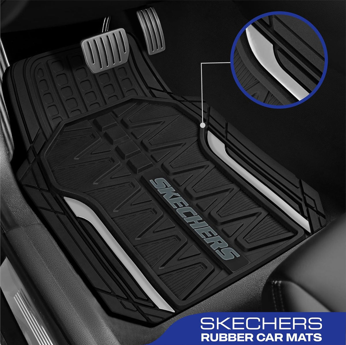 Skechers Heavy Duty Rubber Car Mats Full Set, All Weather Floor Mats, Waterproof Trim to Fit Universal Floor Liner, Automotive Floor Mats for Cars Trucks SUV, Sliver