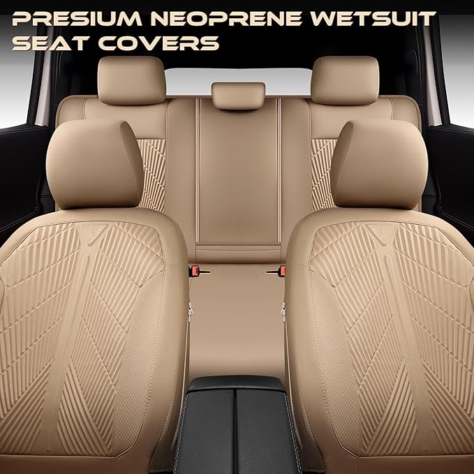 CAR PASS Waterproof Car seat Covers Full Sets Neoprene Wetsuit, All-Weather Non-Slip Durable, Universal Fit for SUV Sedans Trucks Vans Automotive, Armrest Airbag Compatible, 3D Emboss All Beige