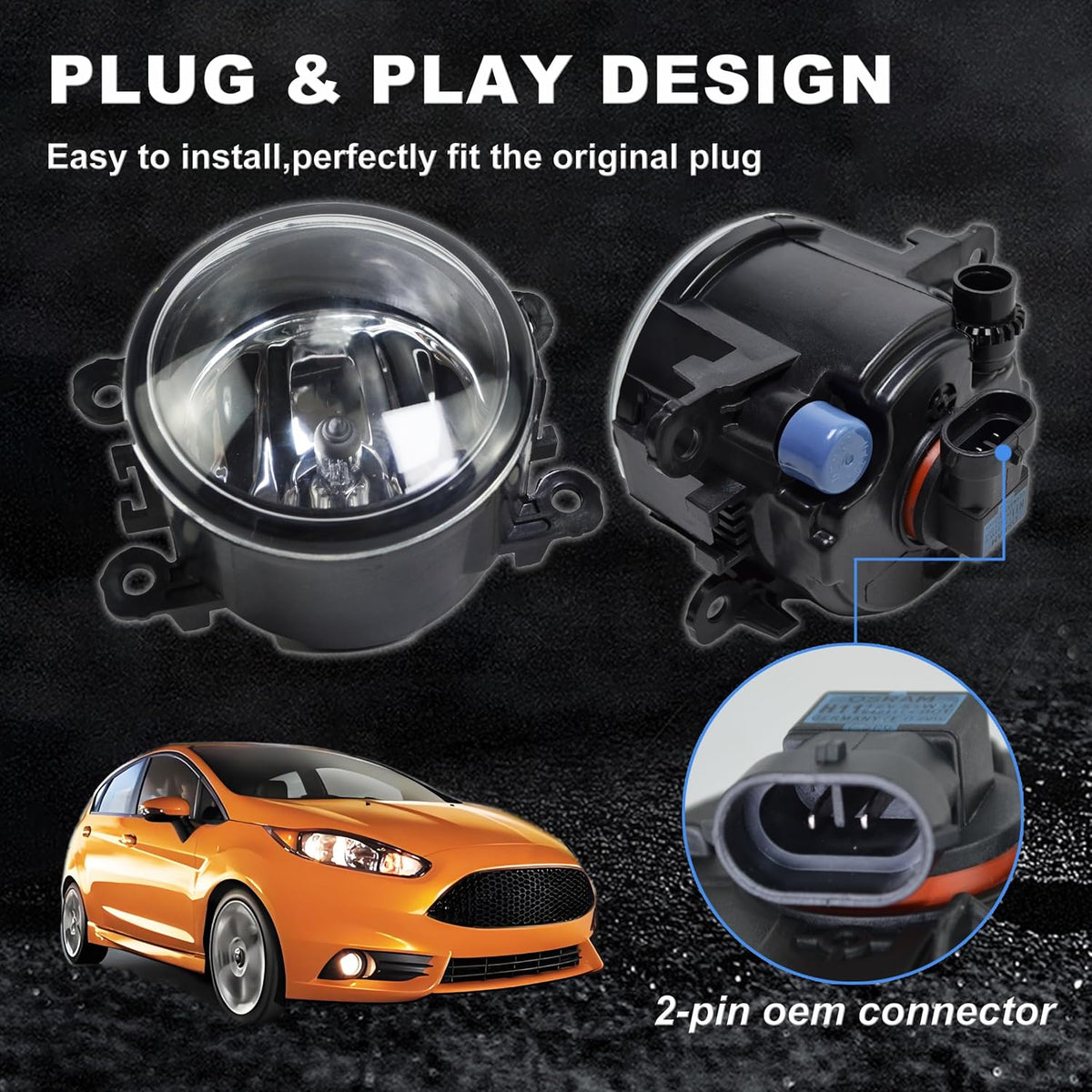Fog Light Lamp Assembly Replacement 4F9Z-15200-AA Compatible with Acura Honda 2008-2014 Ford Focus, 2006-2014 Mustang, 2005-2011 Ranger STX, 2011-2014 Explorer - Clear Lens H11 Halogen Bulbs (Pair)