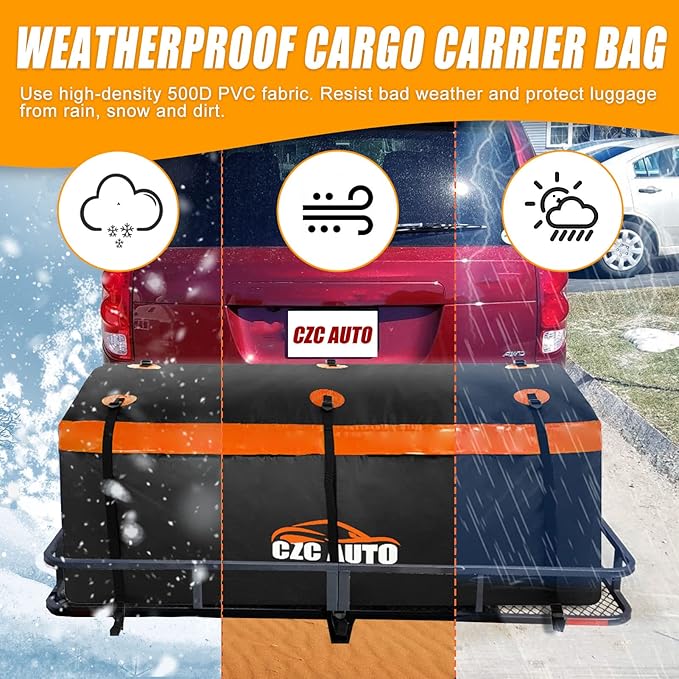 CZC AUTO Hitch Cargo Carrier Bag, 20 cu. ft Waterproof/Rainproof/Weatherproof Cargo Traveling Bag for Car Truck SUV Vans' Hitch Tray and Hitch Basket, Safe Steady Durable Soft, Black-Orange