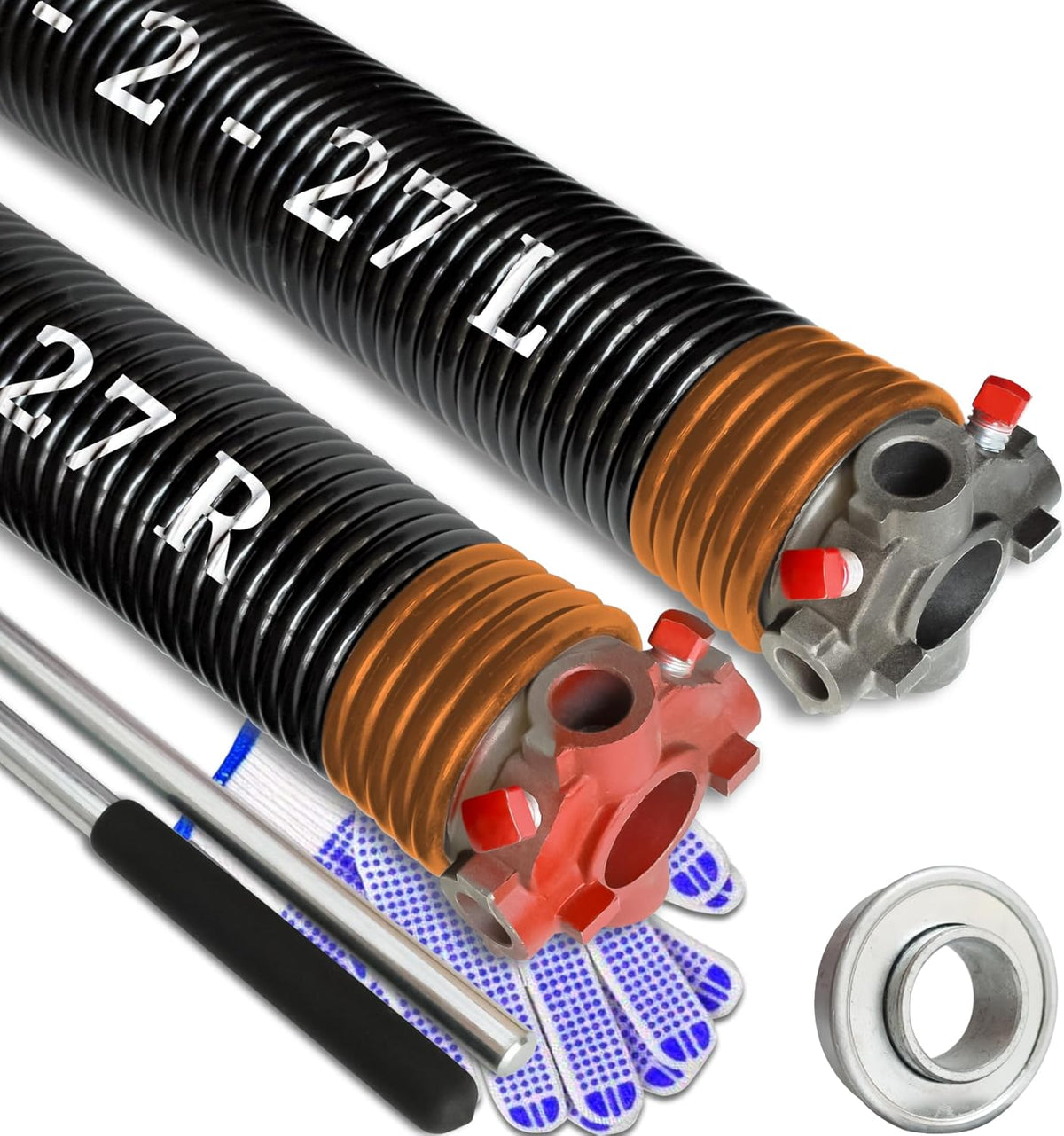 Garage Door Torsion Spring Set, Pair of 2" Electrophoresis Coated Garage Door Spring Replacement with 2 Non-Slip Winding Bars and Bearing, Minimum 16000 Cycles (.234x2x27")