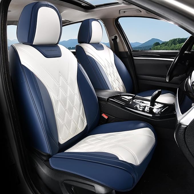 Coverado Car Seat Covers Full Set, Seat Covers for Cars, Waterproof Leather Automotive Seat Cover, Universal Car Interior Protectors Cushion for Most Cars Blue_White