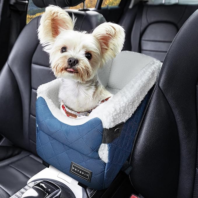 PETSFIT Center Console Dog Car Seat with Safe Protection Hooks, Pet Car Seat with Upgraded Safety Tethers, Washable Cushion, Console Dog Car Seats for Small Dogs Up to 8 Lbs(Blue)