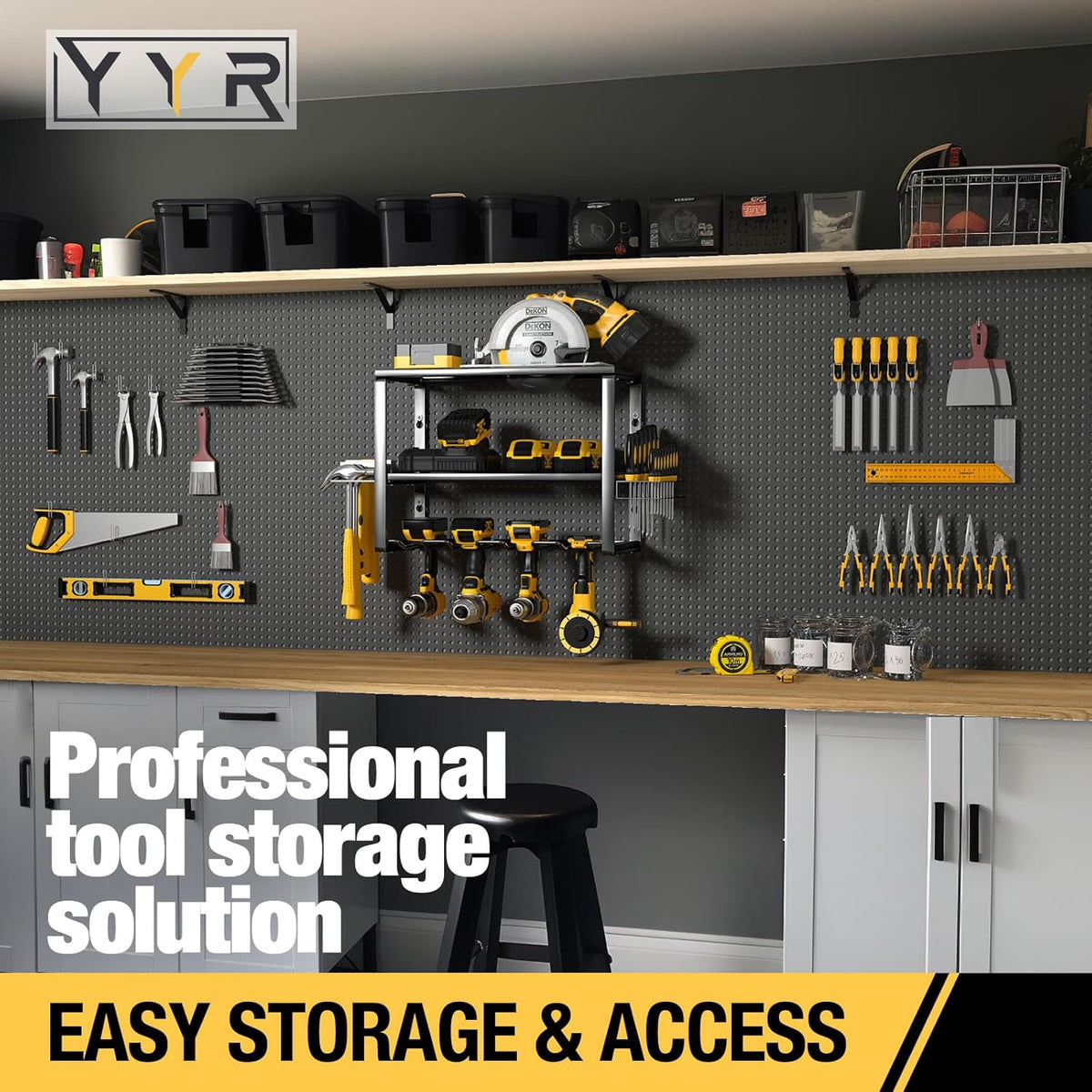 YYR Heavy Duty Power Tool Organizer Wall Mount, Cordless Drill Hanger Storage Rack, Battery Tools Holder with Charging Station Shelf for Garage Organization, Workshop, Pegboard, Shed - 16 Inch 4 Slots