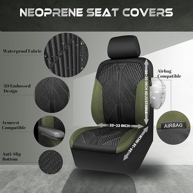 CAR PASS Waterproof Car Seat Covers Front Seats Covers Neoprene Wetsuit, All-Weather Non-Slip Durable,Universal Fit for SUV Sedans Trucks Vans Automotive,Armrest Airbag Compatible,Emboss 2 Black Green