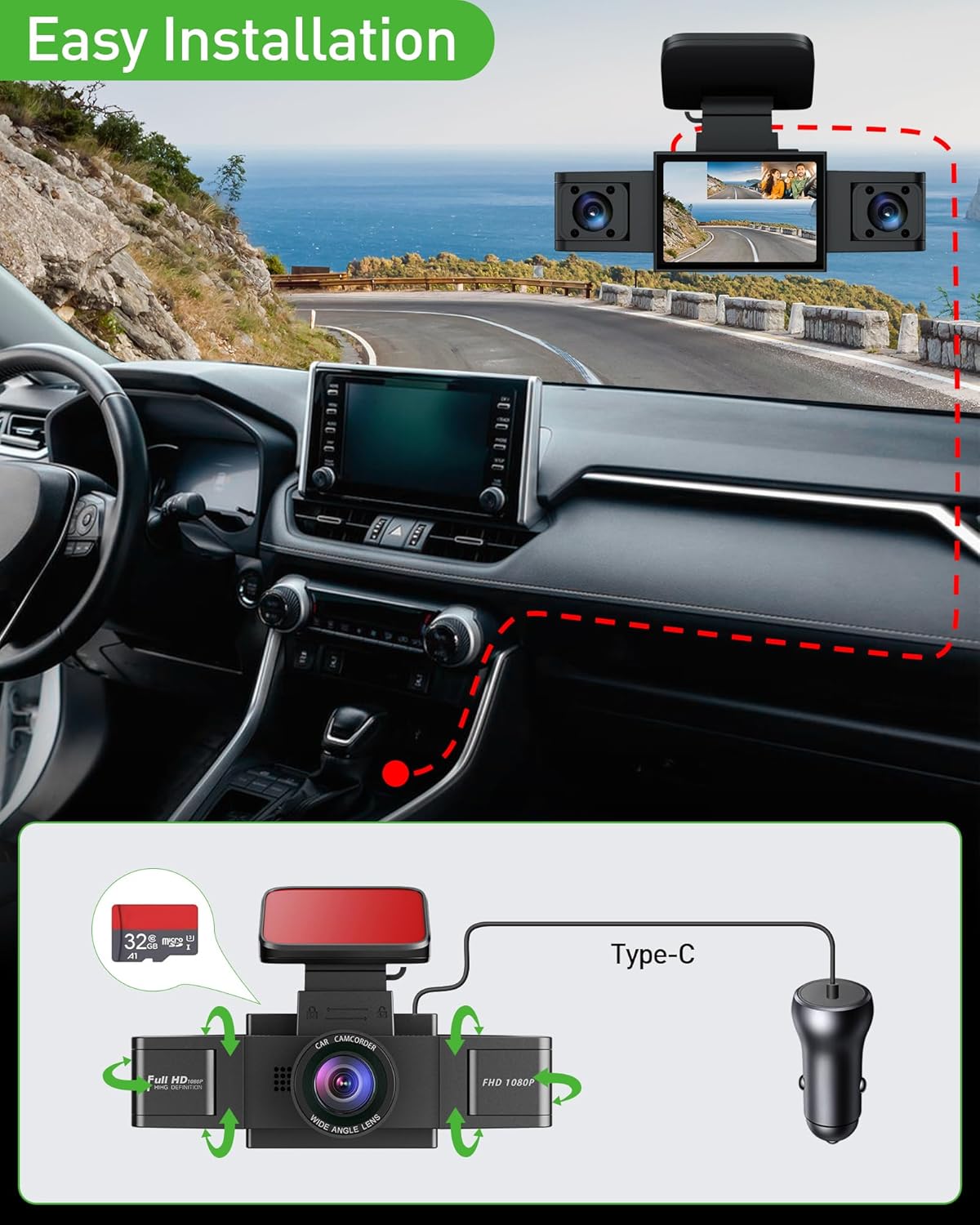 3 Channel 1080P Dash Cam Front and Inside Left/Right, Free 32G Card, Dash Camera Loop Recording, Triple Camera for Cars 24 Hours/7 Parking Monitor, Wide Angle, IR Night Vision, with G-Sensor, Black