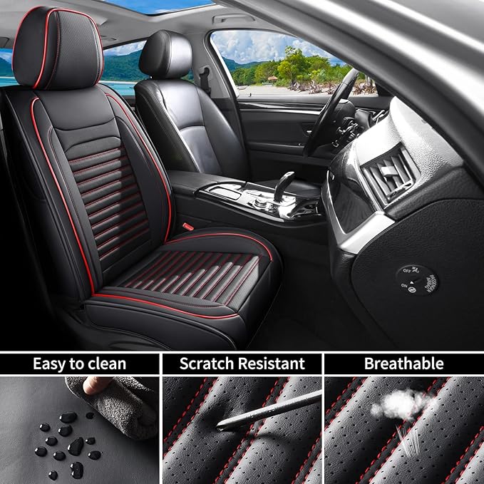 Front Seat Covers Fit for Toyota RAV4 Hybrid 2016-2026, Car Seat Covers Front Seats, Breathable Faux Leather Automotive Seat Covers Front Pair Anti-Slip Seat Cover(Black&Red, Front)