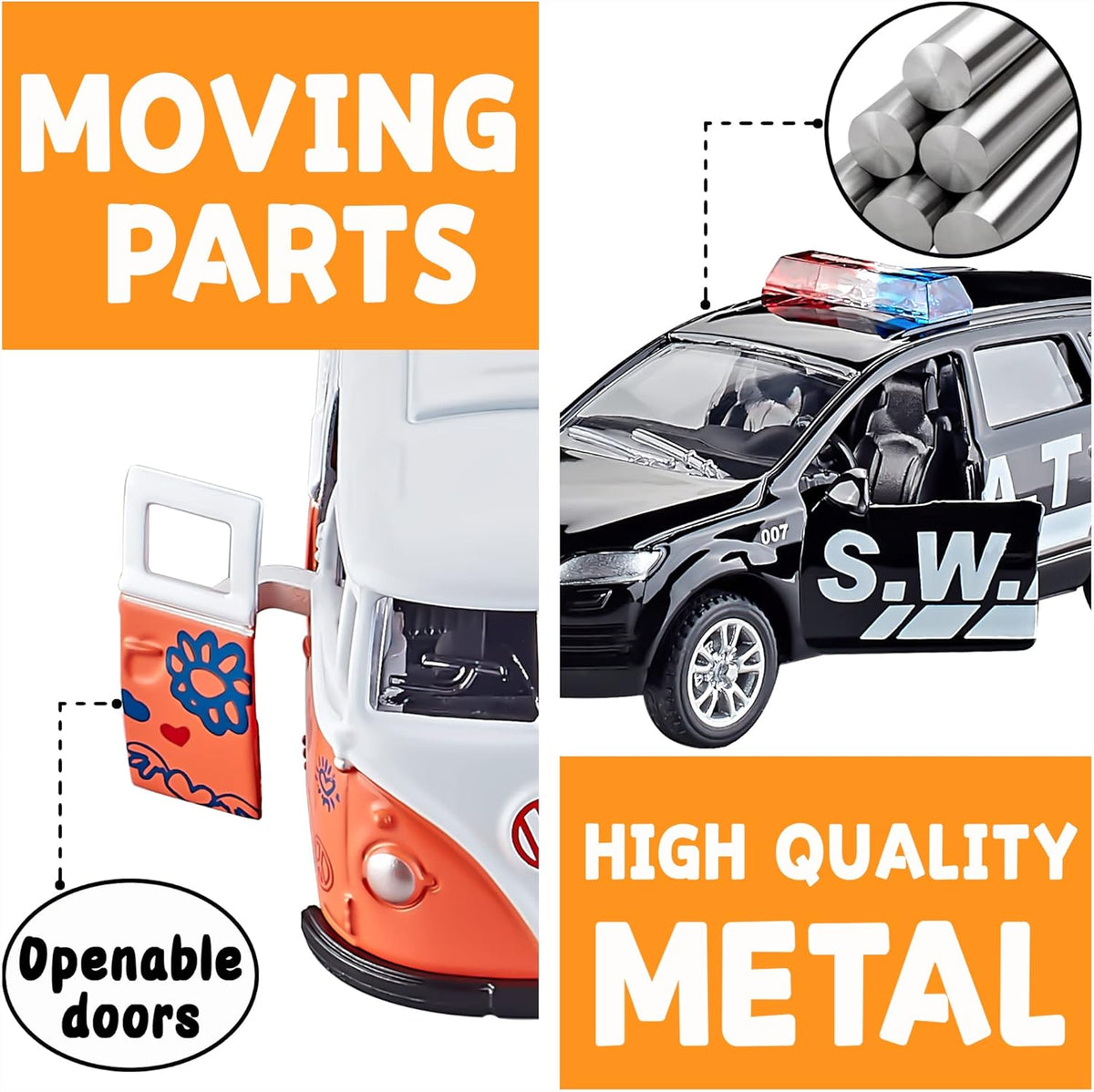KIDAMI Die-cast Metal Toy Cars Set of 5, Openable Doors, Pull Back Car, Gift Pack for Kids (Official Car)