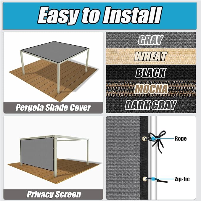 Amagenix 90% Shade Fabric 10'X 15' Gray Sun Shade Cloth with Grommets for Pergola Replacement Shade Cover Canopy, Heavy Duty, Cable Zip Ties Included (We Customized)
