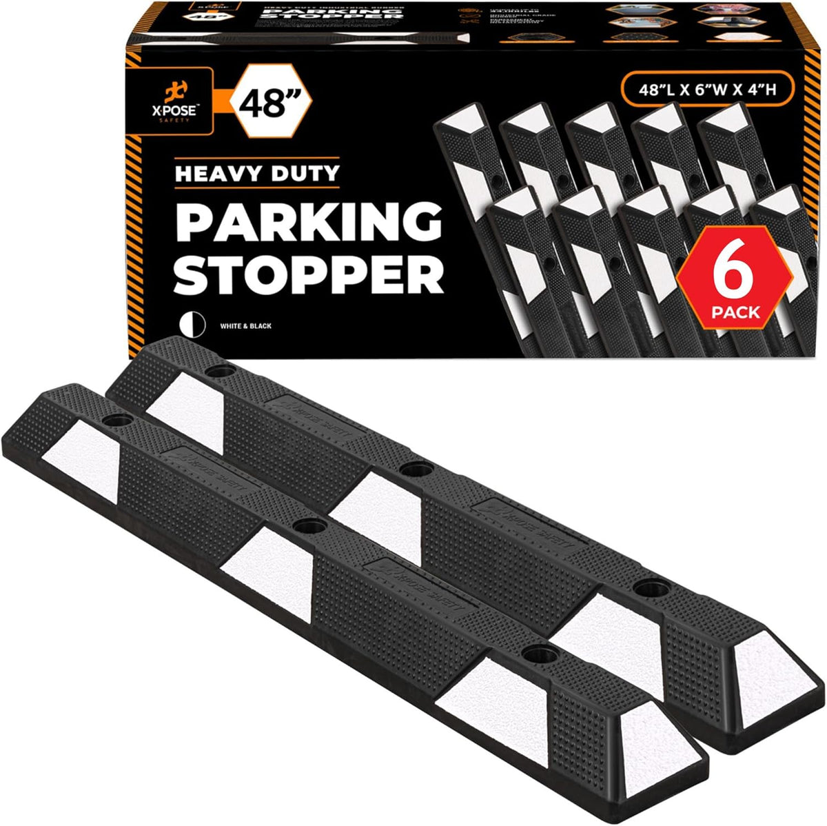 Xpose Safety 48" Heavy Duty Rubber Parking Stopper – 6 Pack Wheel Blocks for Garage, Driveway, or Ramp – Car Bumper Stop with White Reflective Strips – Removable Floor Mount