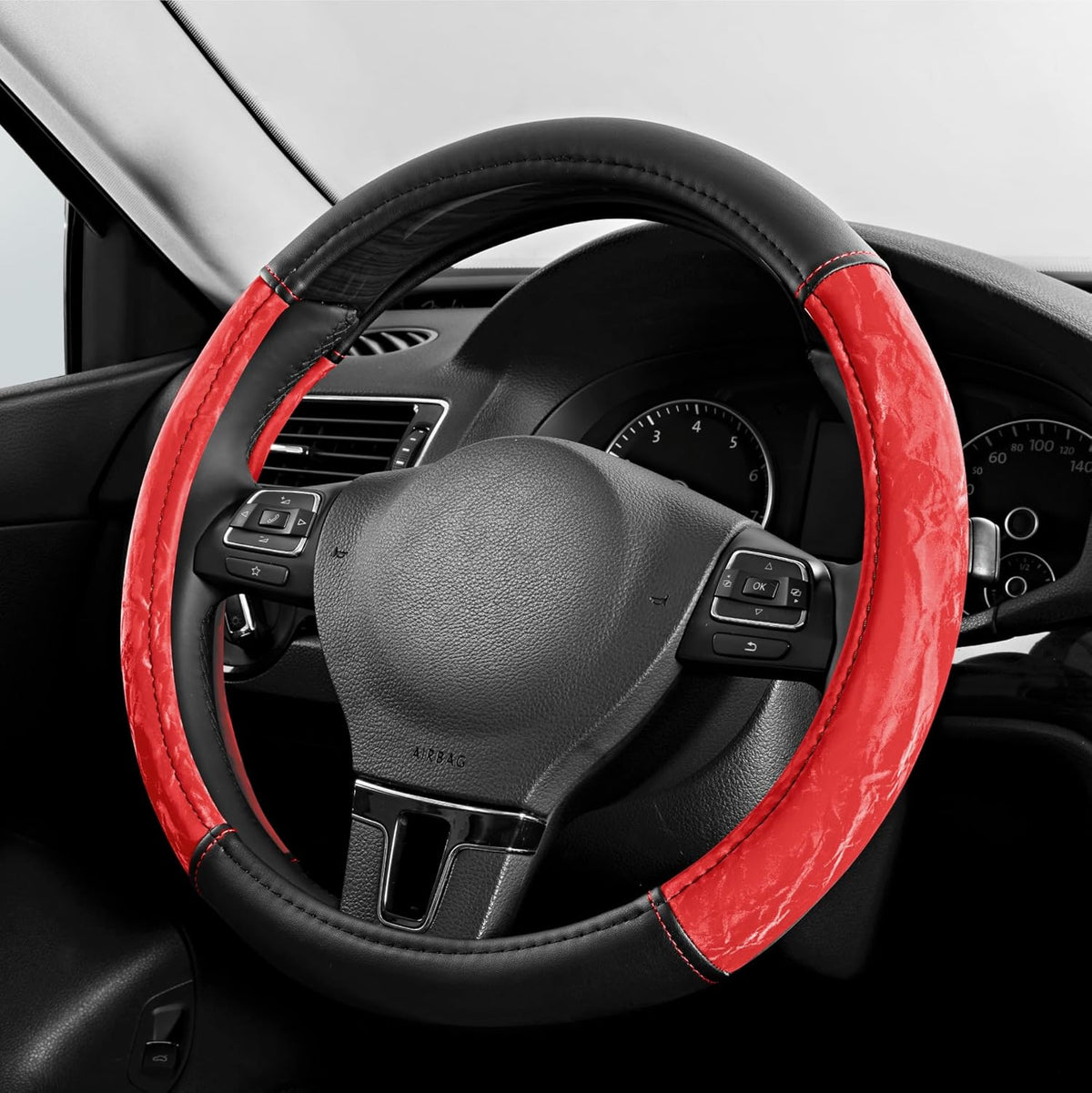 PIC AUTO Steering Wheel Cover, Silk Grain Leather Car Steering Wheel Protector, Comfortable Grip, Universal 14.5-15.5 Inch Anti-Slip Steering Wheels Accessories for Men & Women (Red)