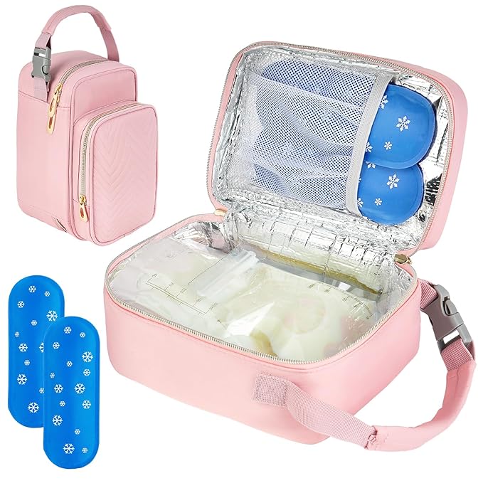 Breastmilk Cooler Travel bag with Ice Pack,Portable Breastmilk Cooler Bag with Buckle Handle,Insulated Breastmilk Storage Bag Cooler,Pink