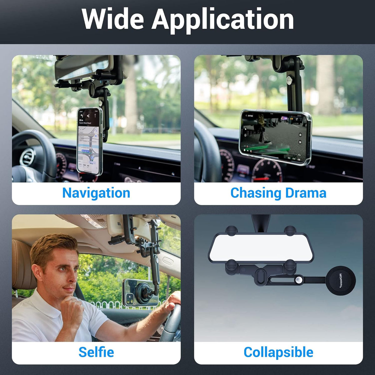 PROfezzion Rearview Mirror & Vent Clip Combo Magnetic Phone Holder Compatible with MagSafe on Car Rear View Mirror for iPhone 16 15 14 13 12 Pro Max Plus, MagSafe Case & All Phones [No Vibrating]