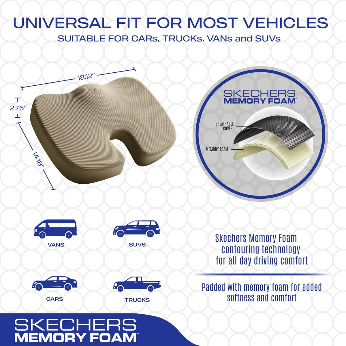 Skechers Memory Foam Seat Cushion,Office Chair Cushion for Tailbone Pain Relief,Butt Pillow for Office Chair,Car seat Cushion,Computer Desk,Long Sitting Office Workers,and Car Drivers,Beige