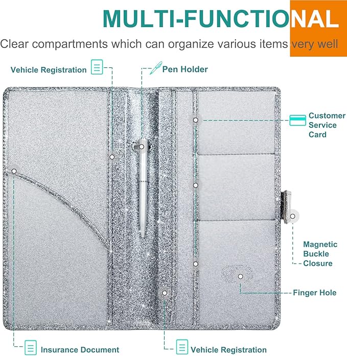 RSAquar Car Registration & Insurance Holder - Leather Glove Box Organizer, Cool Accessories for ID, Driver's License Cards & Essential Documents, Men & Women, Glitter Gray