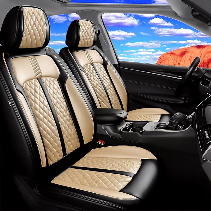Fit CX-30 Car Seat Covers for Select Mazda CX30 2020-2025, Full Coverage Leather, Airbag Compatible, Luxury Waterproof All Weather Seat Protector, Full Set, Black+Beige