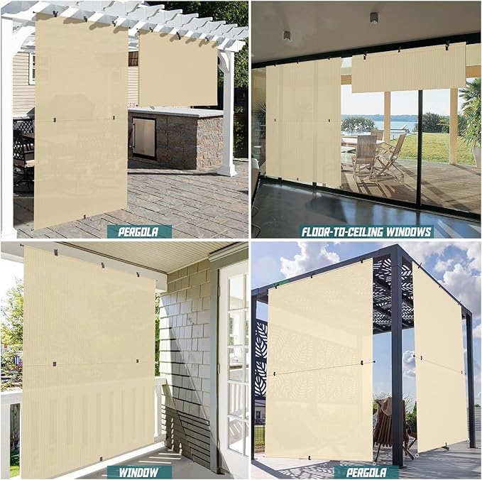 Bynbbur 4'W x 15'H Outdoor Patio Shades Foldable Roller Blinds, 220 GSM Sun Shade Roll Up Porch Screens Exterior Shade Cloth for Deck Pergola Backyard, Beige