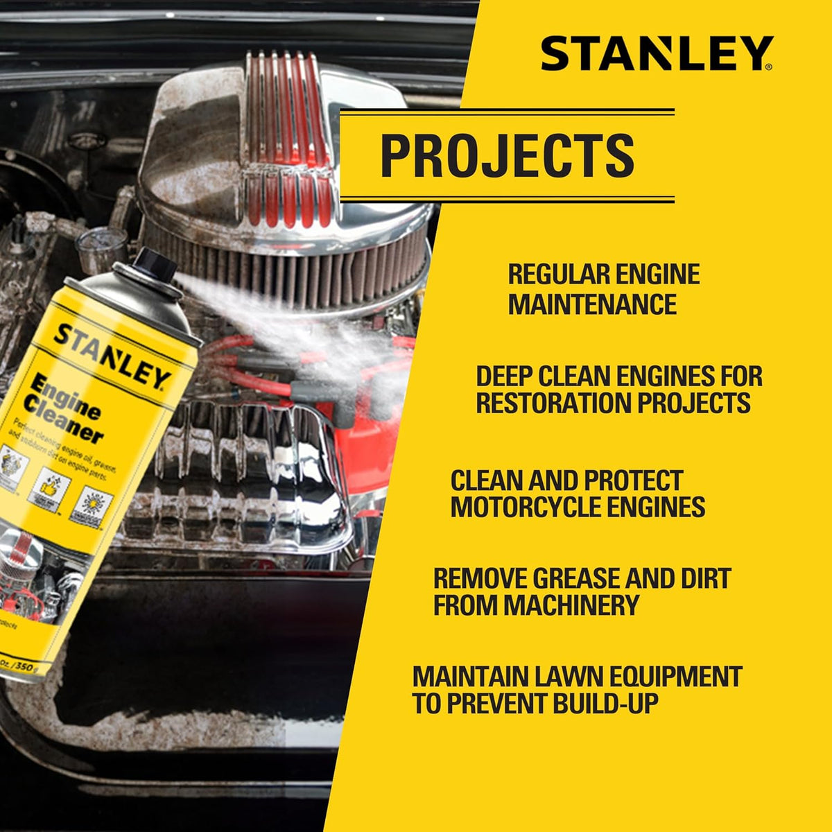 STANLEY AP 92 Engine Cleaner Spray - 12x12 Fl. oz., Automotive Degreaser Spray,Use for Tight Spaces, Non-corrosive - 1 Pack