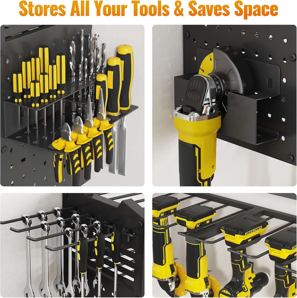 Tomorotec Wall-Mounted Power Tool Storage Rack for Drill, Toolbox & Accessories, Heavy-Duty Steel Organizer with Side Hooks and Adjustable Shelves, Easy Installation Garage & Workshop Storage (Black)