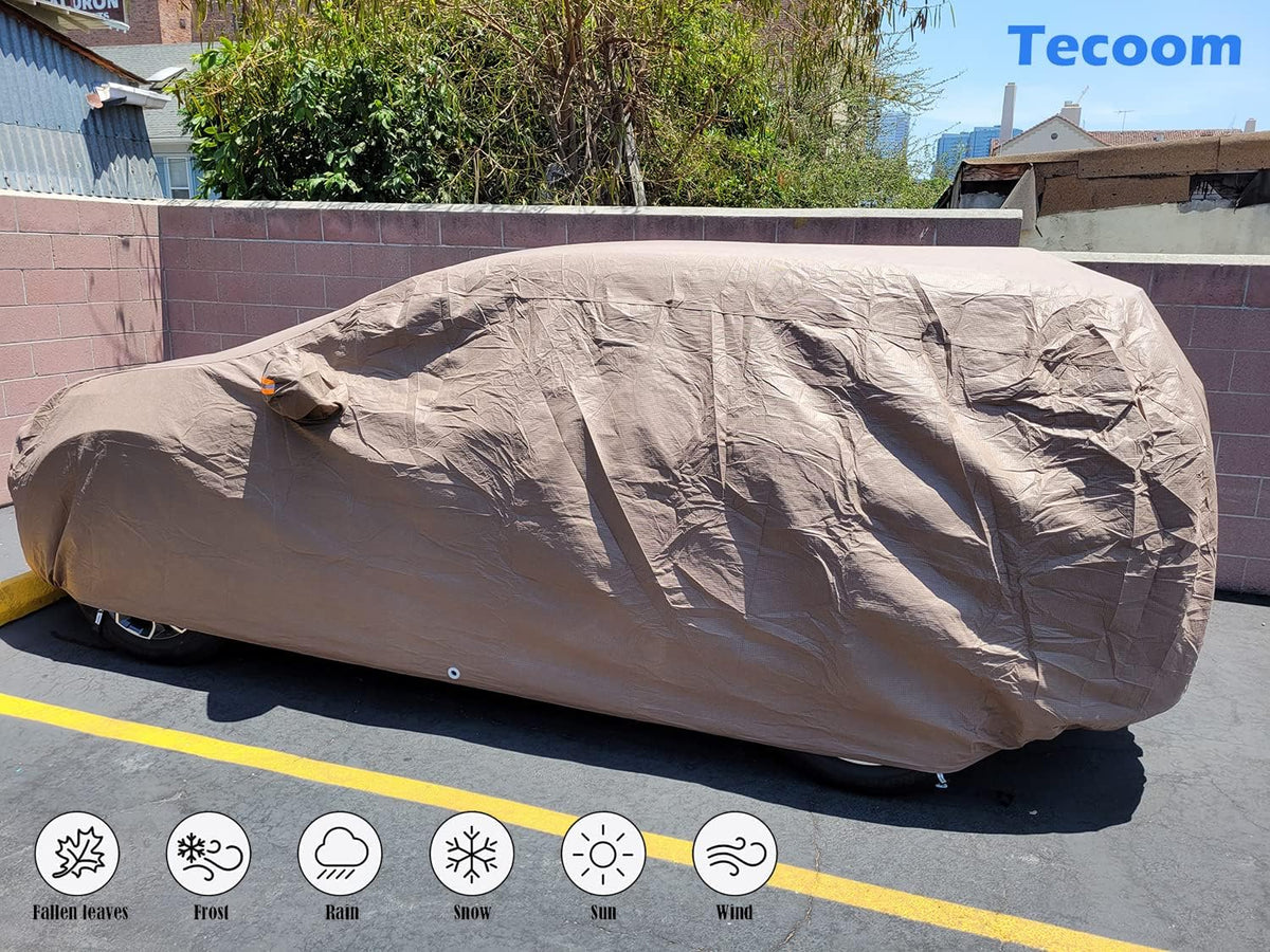 Tecoom Thick Shell Super Breathable Waterproof Windproof Snow Sun Rain UV Protective Outdoor All Weather SUV Car Cover Fit 206-215 Inches Full-Size SUV