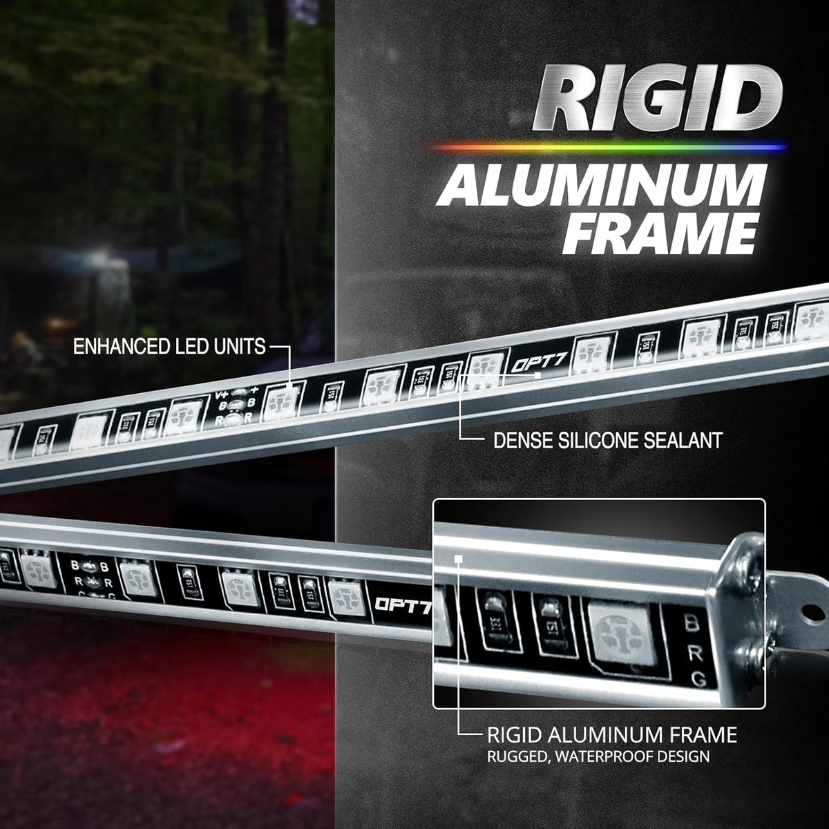 OPT7 Aura Pro Rigid RGB LED Underglow Kit for Trucks Trailers Pickups with App & Remote Control, Multi Colors Music Modes, 4 PCS Waterproof Aluminum Light Bars, Exterior Neon Under Car Lights