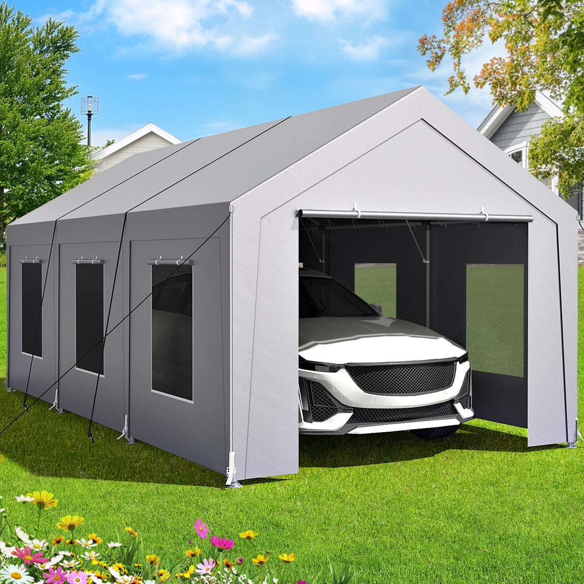 Carport 10x20 ft Heavy Duty, Car Port with Reinforced Steel Frame and 6 Roll-up Windows, Portable Garage with Sturdy Ground Nails, Waterproof All-Season Car Canopy for Boat, Truck, Grey