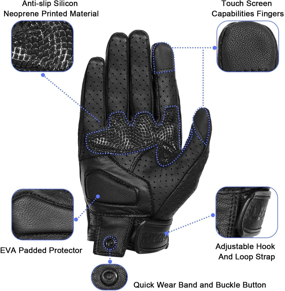 Updated Goatskin Leather Motorcycle Gloves Men Touchscreen Anti-Slip Motorbike Riding Gloves for Men (Updated,Perforated, L)