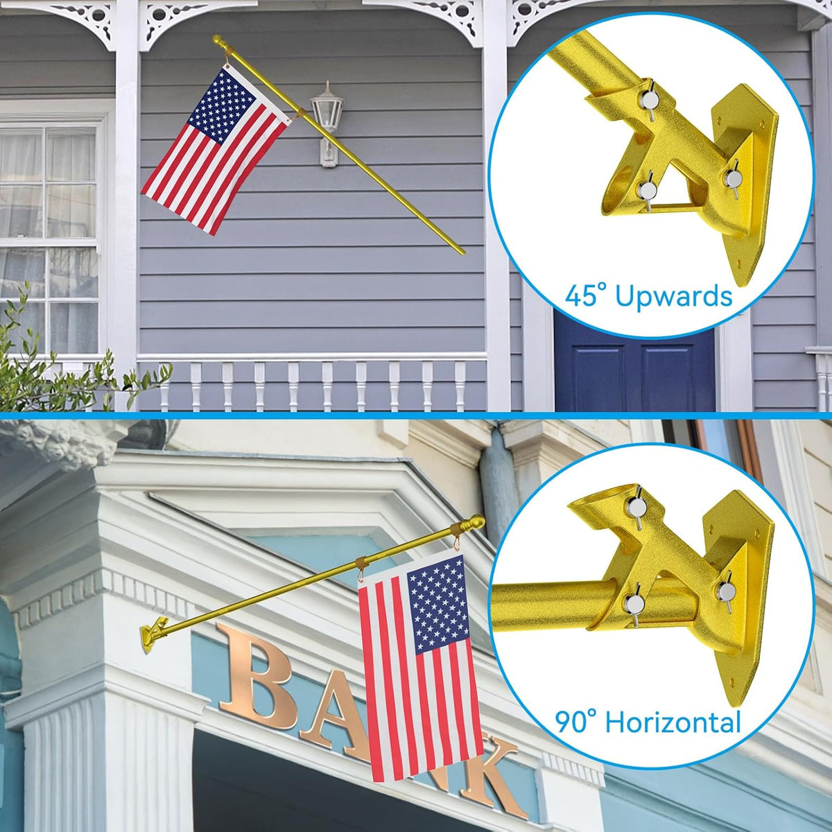 ZMTECH Flag Pole - Upgraded Bracket, (2 Packs) 6 FT Stainless Steel Flag Poles for Outside House, Residential or Commerical, Tangle Free Flag Pole Kit for American Flag (Without Flag, Gold)