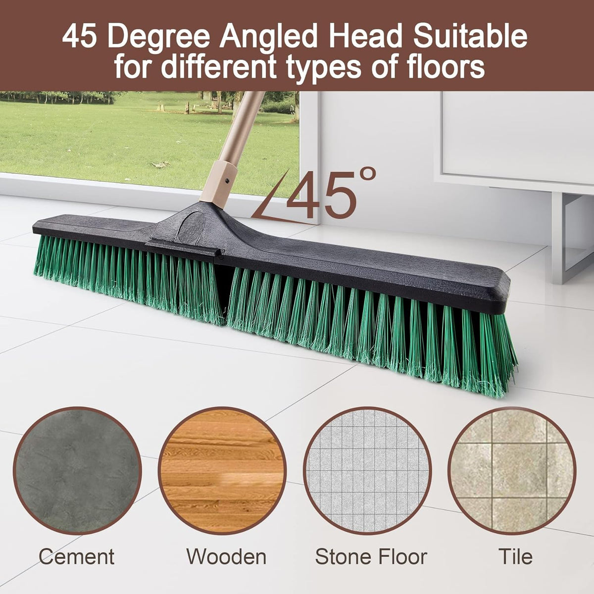 Eyliden Heavy Duty Push Broom 24" - Garage Sweeper Shop Brooms with 66" Long Handle, Outdoor Stiff Bristles Concrete Push Broom for Sidewalk Driveway Yard Patio Deck Warehouse Sweeping, Sweep Snow