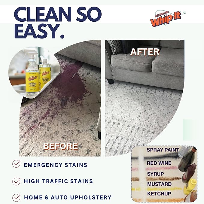 Whip-It All Natural Enzyme Cleaner Stain Fighting Kit - Professional Strength Stain Remover Spray 32oz and Concentrate Multi-Purpose Stain Remover 32oz - Made in the USA