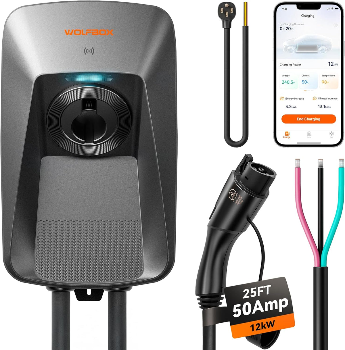 WOLFBOX Level 2 ev Charger 50 Amp J1772,Hardwired ev Charger Level 2 with NEMA 14-50 Plug 25ft Cable,Smart APP&RFID Card Control,240V Electric Vehicle Charging Station for Electric Automobile(WE50)