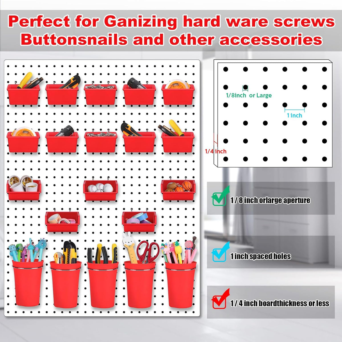 Yookeer 20 Pcs Pegboard Bins and Cups with Hooks and Loops Peg Assortment Organizer Accessories Various Tool Organizer Pegboard Baskets Set for Garage Workshop Workbench Office(Red)