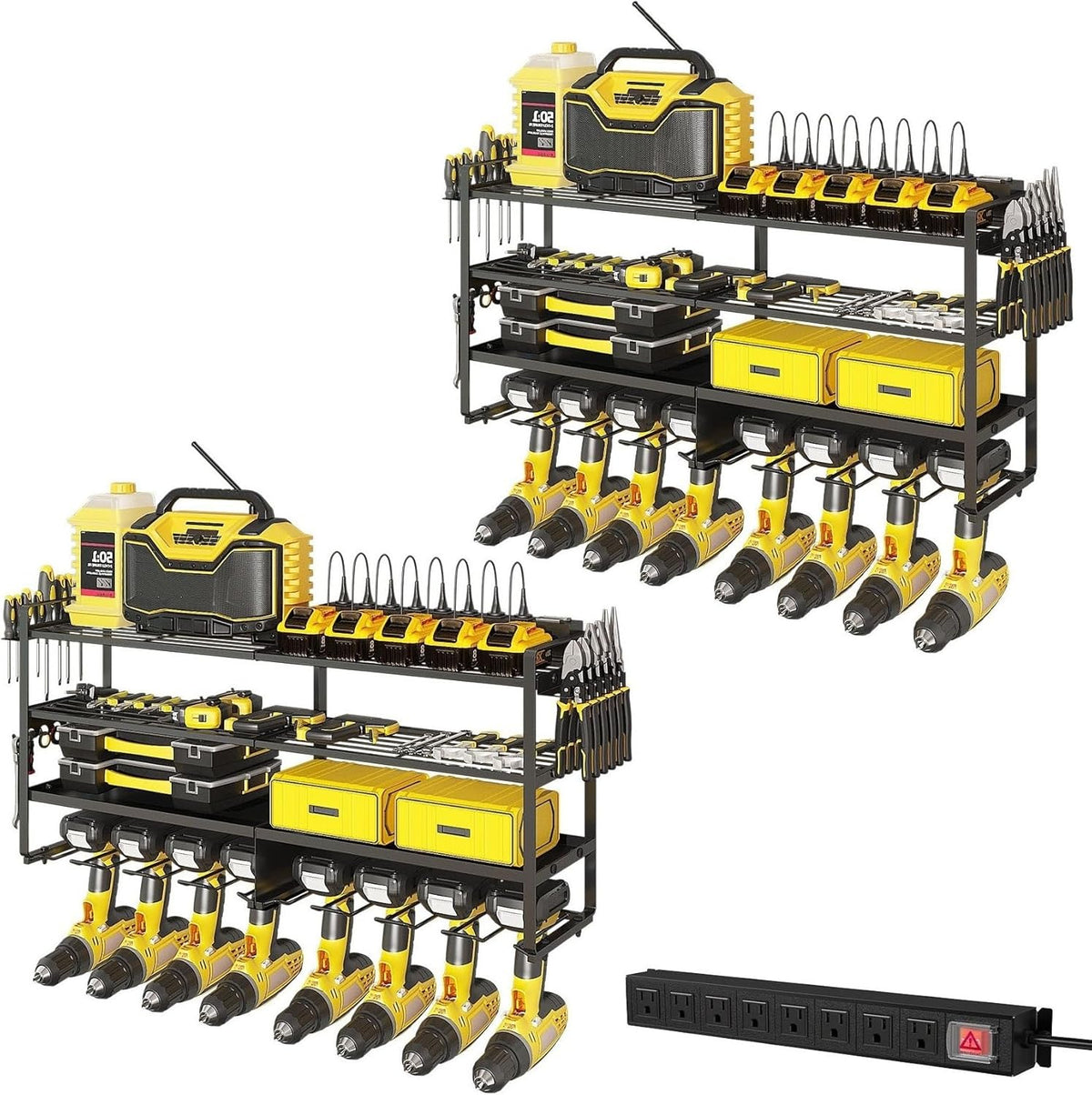 2 Pack Power Tool Organizer Wall Mount with Charging Station, 8 Outlet Power Strip & 4 Layers Storage Rack with 8 Drill Holders for Cordless Tools, Heavy Duty Utility Racks for Garage Workshop