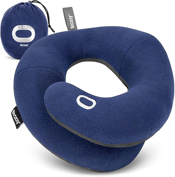 BCOZZY Travel Neck Pillow for Airplane – Patented Double Support for Head, Neck, and Chin. Best for Long Flights, Plane Sleeping & Car Rides. Adjustable Size. Fully Washable. Carry Bag. X-Large, Navy