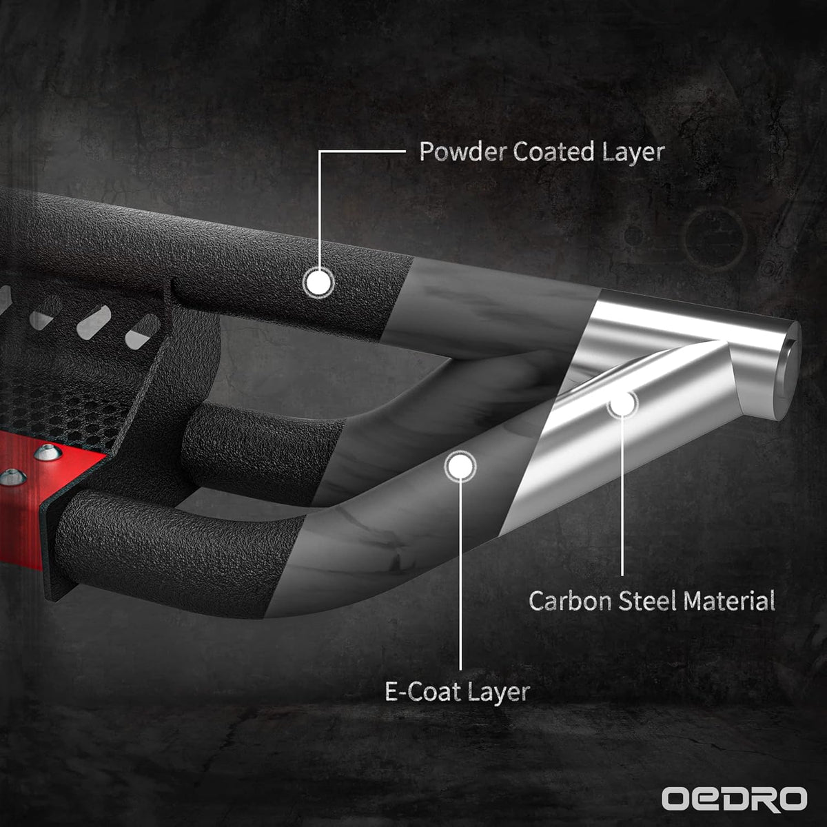 oEdRo 6 inch Running Boards Compatible with 2018-2025 Jeep Wrangler JL Unlimited 4 Door, Bolt-on Drop Side Steps Rails, Powder Coated Black and High Gloss Red Nerf Bar