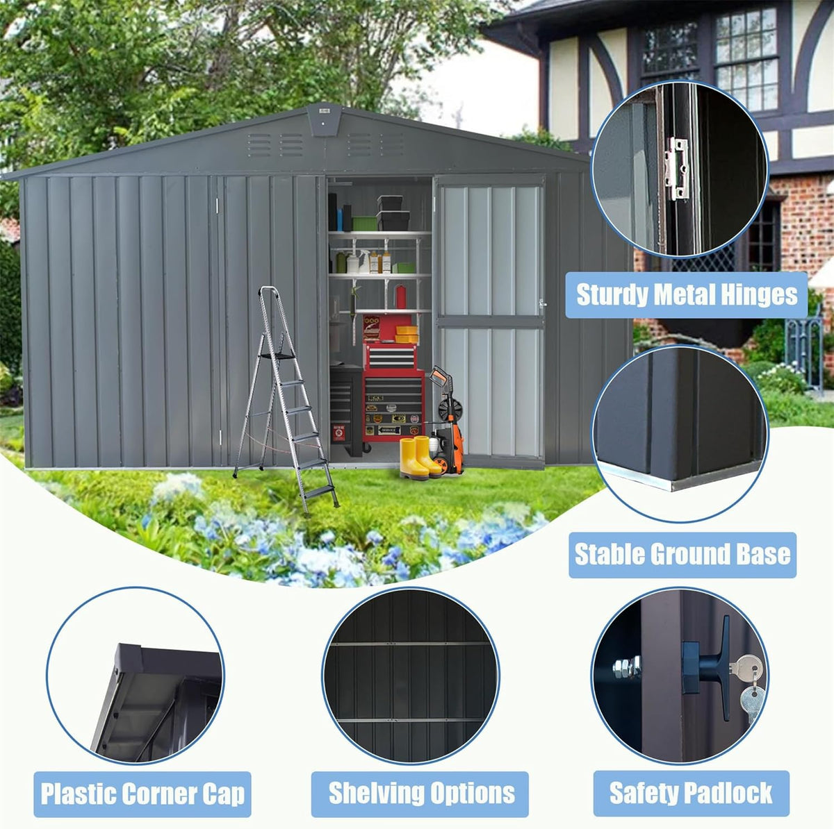 IKERY Large Galvanized Steel Storage Shed - 11' x 9' with Windows and Lockable Door, Outdoor Garden and Utility Tool Shed for Backyard and Patio, Dark Gray