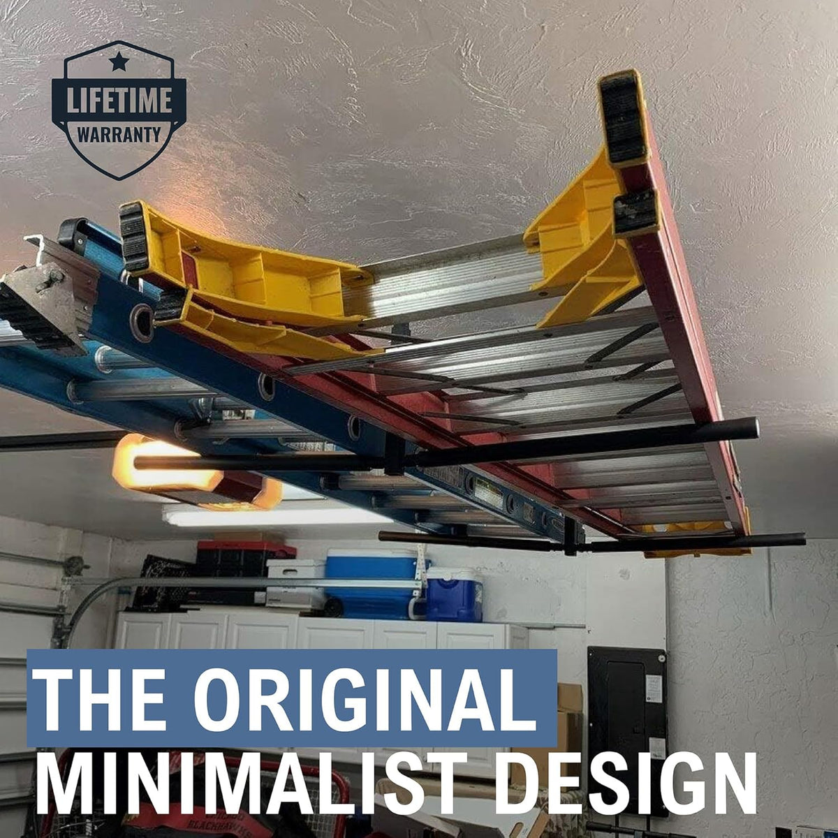 StoreYourBoard Double Ladder Ceiling Rack – Hi Port 2 Garage Ceiling Ladder Hanger | Adjustable Overhead Ladder Storage for Step & Extension Ladders | Garage Organization | Holds 150 lbs