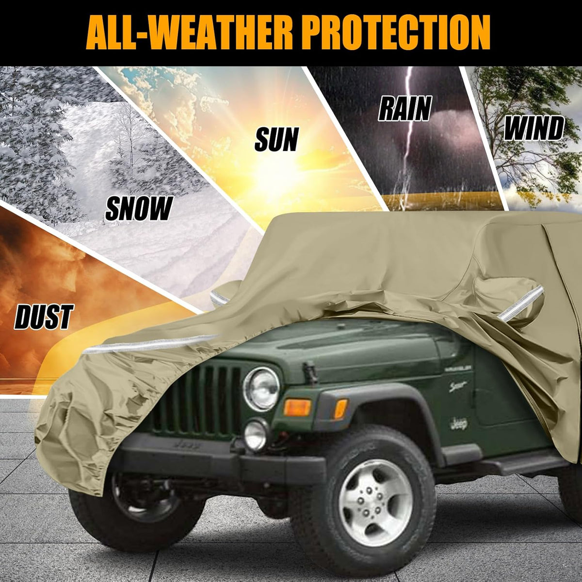 Waterproof Car Covers Replace for 1987-2006 Jeep Wrangler, Multilayer Heavy Duty with Cotton Liner All Weather Custom-fit Car Cover with Zipper Door, Windproof Bands for Snow Rain Dust Protection