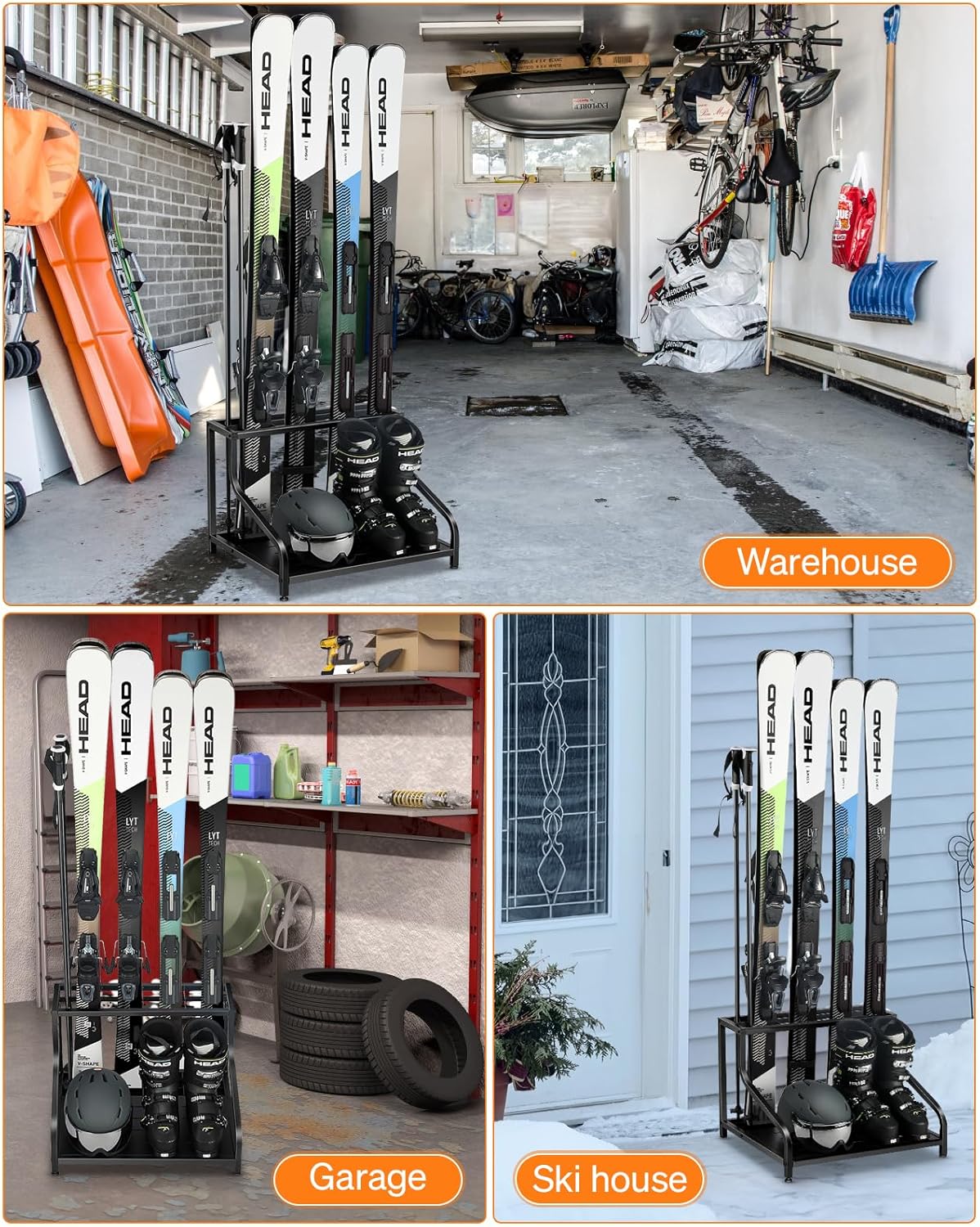 Ski Storage Rack for Garage - Freestanding Ski Holders for 4 Pairs of Skis, Ski Boot, Ski Poles, Goggles, Helmet and More, Heavy Duty Steel Floor Stand Ski Organizer for Garage Basement