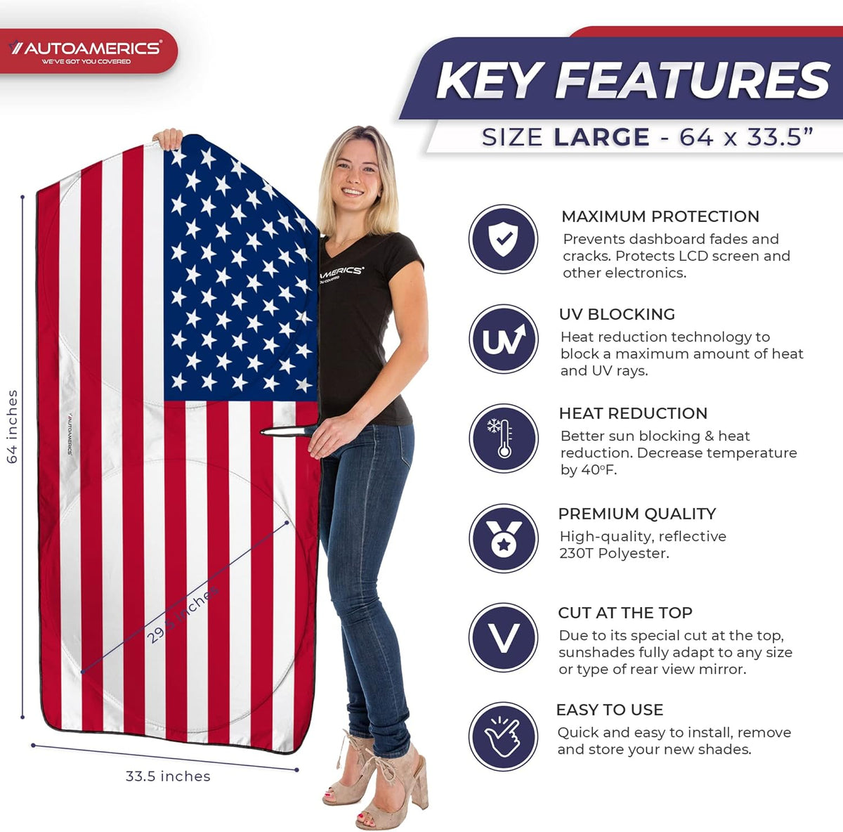 Autoamerics 1-Piece Windshield Sun Shade Original American Flag USA Patriotic Design - Foldable Car Front Window Sunshade for Sedans SUV Truck - Blocks Max UV Rays and Keeps Your Vehicle Cool - Large