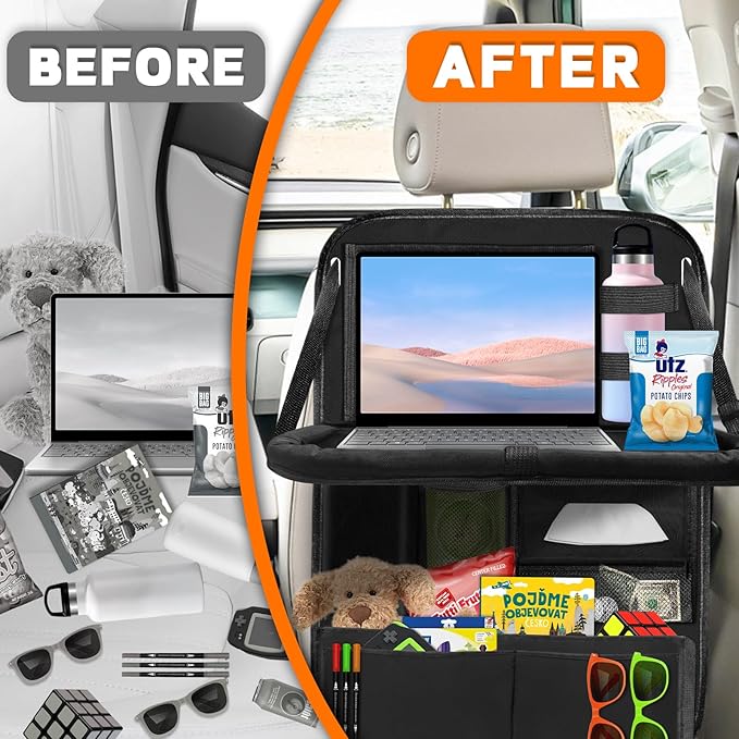 Backseat Car Organizer with Table Tray,12 Pockets Storage Organizer with Tablet Holder,Car Seat Organizer with Car Tissue Holder,Kick Mats Protector For Kids,Travel Accessories(2-Pack)
