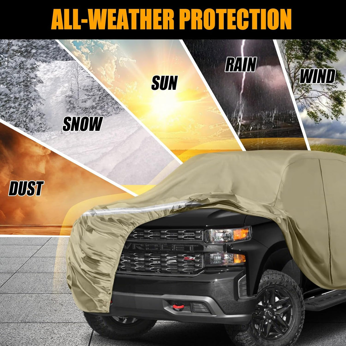Waterproof Truck Covers Replace for Ford F150 / Dodge Ram 1500 CrewCab 6.5 ft, Multilayer Heavy Duty with Cotton Liner Truck Cover with Zipper Door, Windproof Bands for Snow Rain Dust Protection