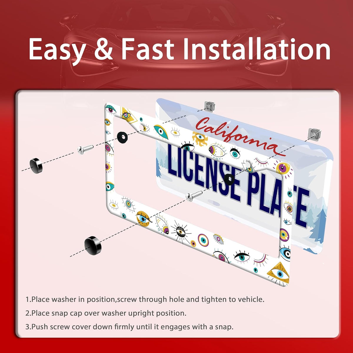 Evil Eye License Plate Frame Colorful License Plate Frames Stainless Steel Accessories Cars Decor with 2 Holes and Screws Fits Standard US CA Vehicles Size 12.2 x 6 Inches
