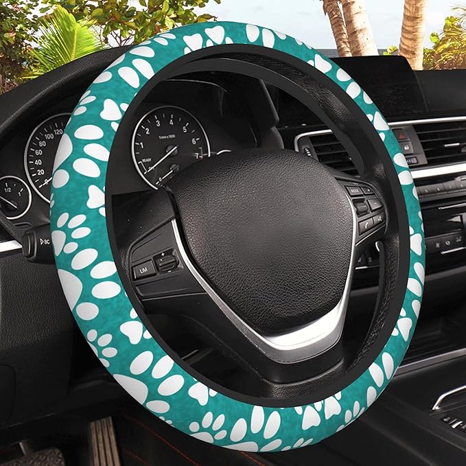 Dog Paw Prints Steering Wheel Covers Universal 15 Inch Car Wheel Cover,Anti-Slip Breathable Car Accessories Protector Fit for Trucks,Sedans,SUVs,Vans