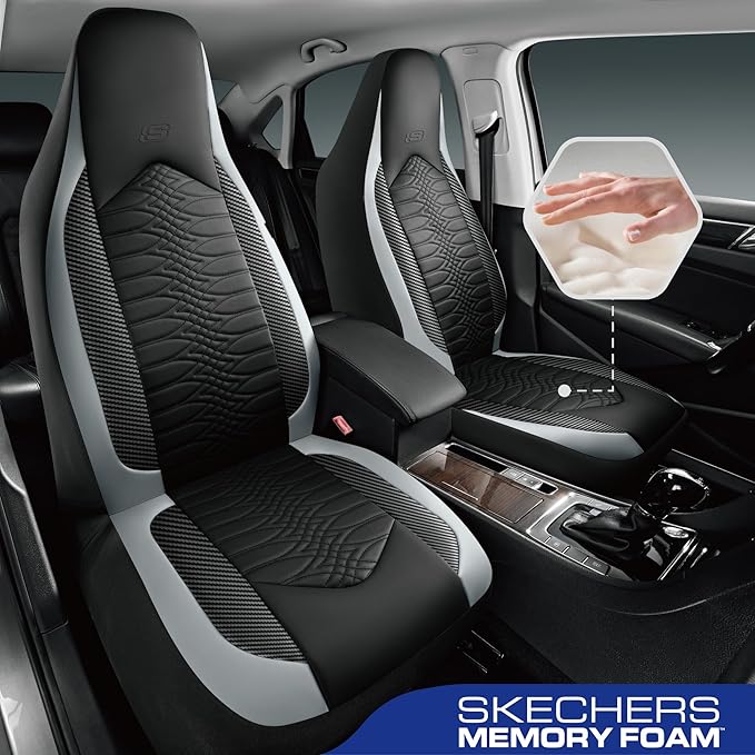 Skechers Memory Foam Car Seat Covers, Leather High Back Seat Covers Quilting Design,Waterproof Sports Car Seat Covers Full Sets,Airbag Compatible, Universal Fit for Most Cars, SUVs,Trucks,Gray